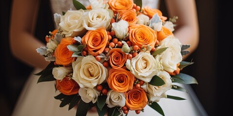 Wall Mural - Stylish bride bouquet elegant. A beautiful wedding bouquet with orange roses in bride's hands. A woman in wedding dress holding flowers. Celebration style concept