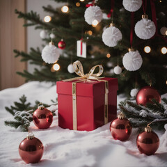 Beautiful gift box, tree branches and Christmas decor on wooden table against blurred festive lights, birthday and christmas concept . Generative AI