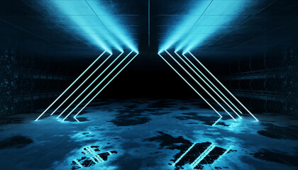 Aufkleber - Cyber neon laser Interior. Garage room hangar with sci fi glowing blue tubes. Futuristic dark tunnel warehouse with metal panels wall lighted. Construction corridor 3d Rendering