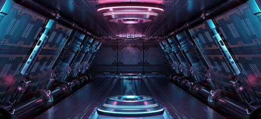 Wall Mural - blue and pink spaceship interior with projector. futuristic corridor in space station with glowing n