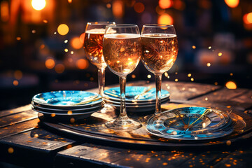 Wall Mural - glasses with champagne on table with Christmas decorations. new year, generative AI