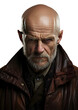 portrait of old man in leather jacket with angry look isolated