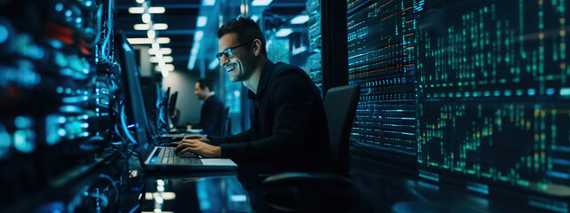 Man working on a laptop at the data center. Digital world in male professional hands. Copy space