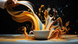 an abstract representation of a coffee art session, with a skilled barista pouring steamed milk into a coffee cup in a dynamic, splashing motion, celebrating the artistry of coffee-making and creativi