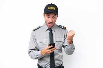 Wall Mural - Young safeguard man over isolated white background surprised and sending a message