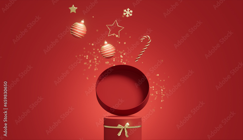 3D background, Christmas product podium with gold ribbon. Open red gift ...
