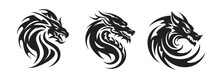 Tribal Tattoo Of The Dragon Head Silhouette Ornament Flat Style Design Vector Illustration Set Isolated On White Background. Chinese Symbol And Fantasy Mascot Monster For Design Ideas And Tattoos.