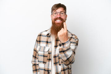 Wall Mural - Redhead man with long beard isolated on white background doing coming gesture