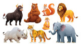Fototapeta Pokój dzieciecy - Set of animals vector cartoon illustration. Bull, bear, squirrel, lion, rhino, tiger, cat and elephant