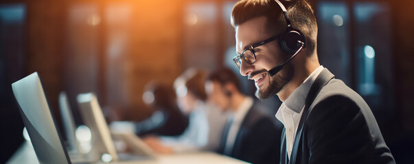 Sociable male call center assistant operating from the call center office using headset and laptop. Conducting online remote advisory session with copy space for additional content