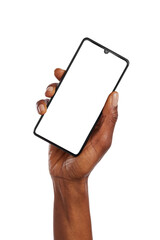 Wall Mural - black woman keeps hand raised while holding smart phone isolated