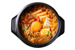 Korean spicy noodle soup with kimchi, tofu, egg and mushroom