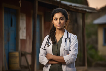 Wall Mural - Young and confident female doctor standing in uniform with stethoscope