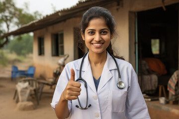 Young female doctor in uniform and showing thumps up.