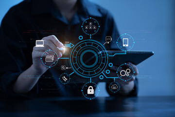 Person using smartphone, tablet  with SDK icon on virtual screen. SDK Software development kit programming language technology concept in office.