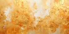 Closeup Of Abstract Rough Gold Art Painting Texture Wall, With Oil Brushstroke, Pallet Knife Paint On Canvas