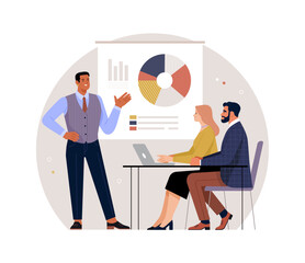 Fototapete - LGBT people in business. Vector cartoon illustration in a flat style of sitting man and woman at a desk with a laptop, in front of which a gay man stands against the background of a board with graphs.