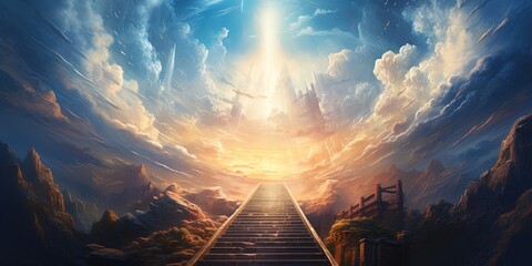 Wall Mural - Stairway leading up to heaven toward the cross. Christian illustration.