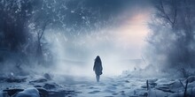 Young Woman Standing In Misty Nature Gazing Into The Distance Lost In Thought Back View Fresh Footprints In Deep Snow Chilly Winter Day