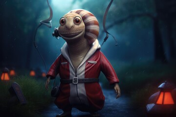 Wall Mural - A cartoon snail character dressed in a red robe and holding a rope, AI