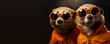Curious marmots or groundhogs with sunglasses, funny animal, studio background