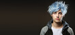 Portrait of a young man with blue hair, millennial teenager, alternative lifestyle, studio background