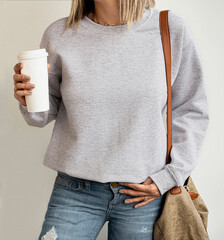 blank gray sweatshirt mock up isolated. female wear plain hoodie mockup. empty hoody design presenta