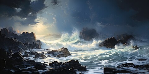 Wall Mural - A rocky coast during a thunderstorm, lightning striking the sea and illuminating the frothy waves.