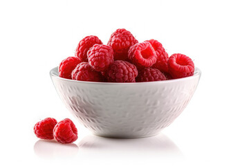Wall Mural - Simple yet vibrant image of white bowl filled with fresh raspberries placed on top of table. This picture can be used to add touch of freshness and color to various projects.