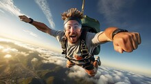A Man Parachutes Out Of An Airplane