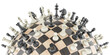 Chess board with chess pieces on checkered sphere, 3D rendering
