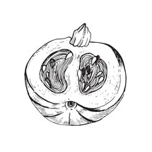 Vector Illustration. A Cutaway Pumpkin With Seeds Inside, Drawn As A Graphic On A White Background. Suitable For Printing On Fabric, Paper, Design And Creativity. For Cards, Invitations Advertising.