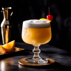 Wall Mural - Whiskey Sour cocktail garnished with a lemon in rocks glass on white background