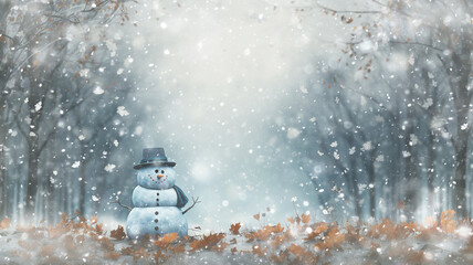 art background, autumn snowman postcard, illustration white snow background in november, cold autumn winter view december calendar