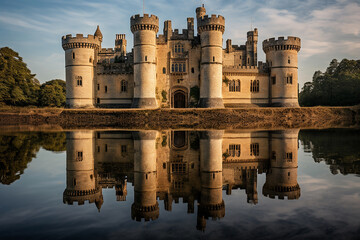 A medieval castle on the shore of a lake