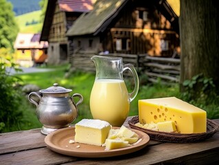 Table with board of different types of cheeses and milk on farmhouse table. AI