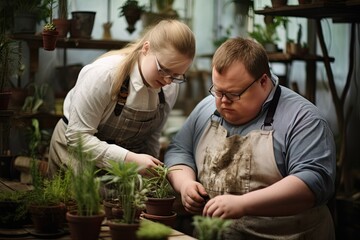 A caucasian woman helps a young caucasian man with down syndrome to work in a greenhouse with green plants. World genetic diseases day and syndrome down concept.