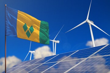 Wall Mural - Saint Vincent and the Grenadines renewable energy, wind and solar energy concept with windmills and solar panels - renewable energy - industrial illustration, 3D illustration