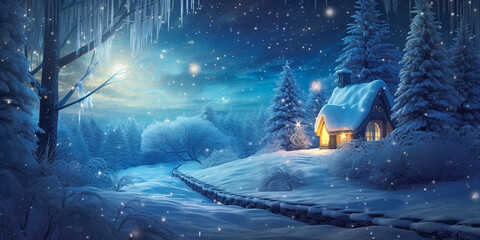 Wall Mural - a small fairy tale cottage in a winter snow covered forest illustration, christmas background with w