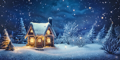 Wall Mural - A small fairy tale cottage in a winter snow covered forest, Christmas background with Miniature paper house 
