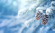 Hermosa imagen de fondo invernal de ramas de abeto y piñas cubiertas de escarcha, y pequeños copos de nieve pura con espacio para texto.