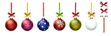 A Collection Of Blue, Red, Green And Clear Christmas Baubles Hanging From Ribbon And Bow With Snowflake Glitter Patterns On Them Isolated Against A Transparent Background