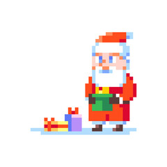 Canvas Print - Pixel Art Santa Claus with Gift Boxes. Retro 8 bit Style Merry Christmas and Happy New Year Winter Holidays Illustration. Ideal for Sticker, Retro Decorative Element, Game Asset, Emoji or Avatar.	