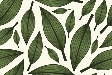 Wall Mural - Flat decorative tropical green leaf, sketch style. Vector natural seamless pattern.