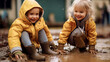 © Korea Saii - Happy Cute Toddlers filled with Laughter find Pure Delight as they Splash and Play in a Puddle Wallpaper Background cover Magazine Journal