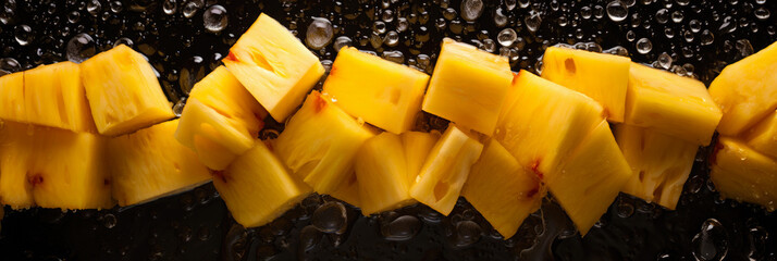 Wall Mural - Pineapple banner. Pineapple chunks background. Close-up food photography