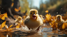 Cute Yellow Ducklings In A Group Run Towards The Autumn Yellow Leaves In The Fall Of The Sunny Day Of Change
