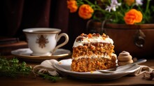 Delectable Slice Of Carrot Cake Beside A Warm Cup Of Tea, Set For A Cozy Afternoon