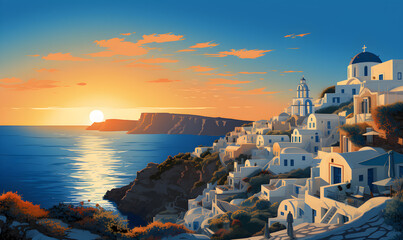 Wall Mural - Illustration of Santorini island of Greece, presentation picture, colorful illustration, travel postcard, tourism promotion concept, Generative AI