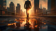 Close up legs of a young businessman walking on the road to enter the city are guided by sunlight. Concept aimed at success.